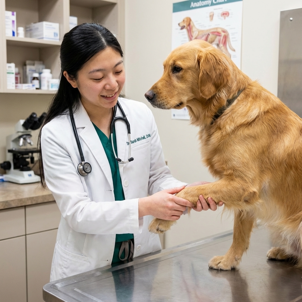 A veterinarian in a clinic gently examining a dog’s lower front leg on an exam table, hands checking the wrist joint