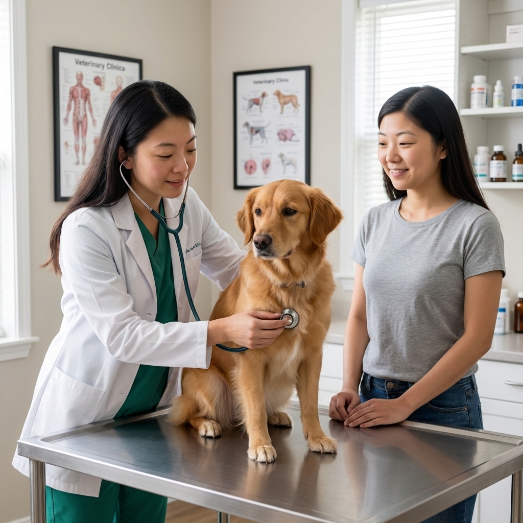 A veterinarian in a clinic gently examining a female dog on an exam table while the owner stands nearby, realistic veterinary office photo with neutral lighting