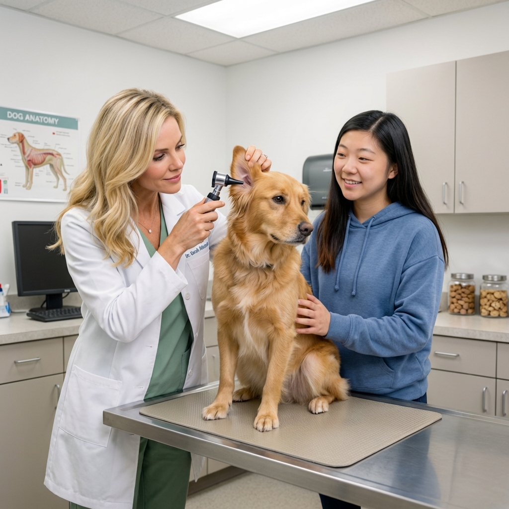 A veterinarian in a clinic gently examining a medium-sized dog on an exam table while the owner watches