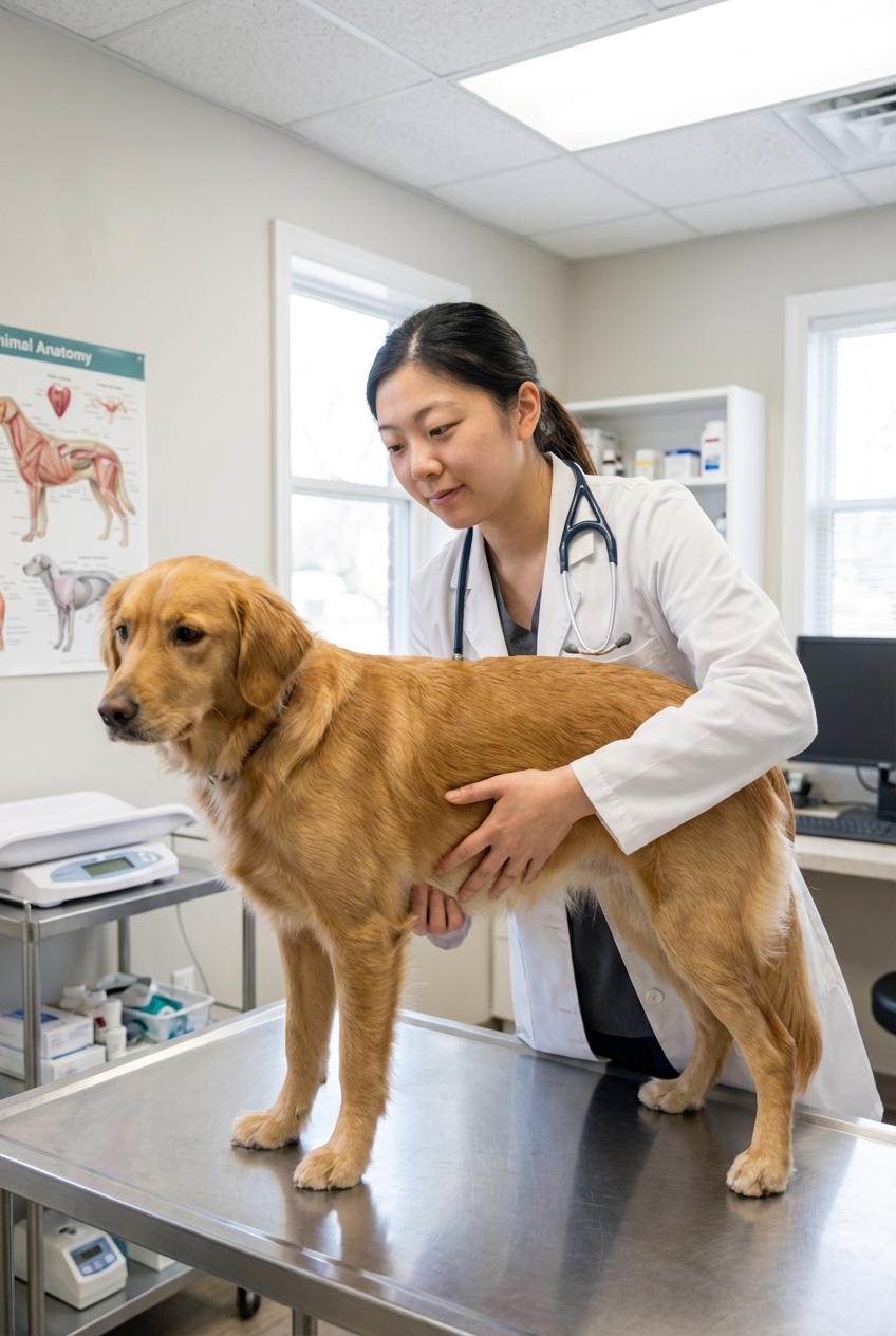 A veterinarian in a clinic gently examining a medium-sized dog on an exam table