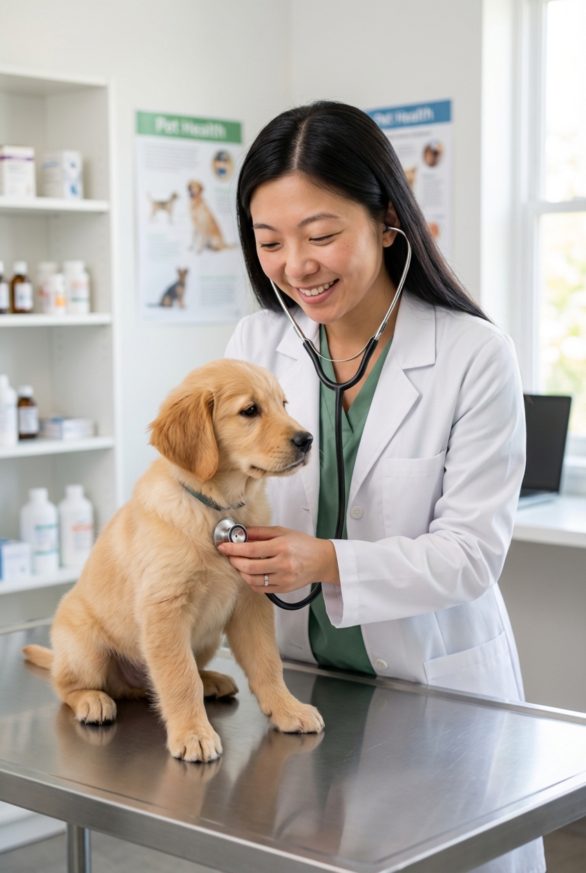 A veterinarian in a clinic gently examining a small puppy on an exam table