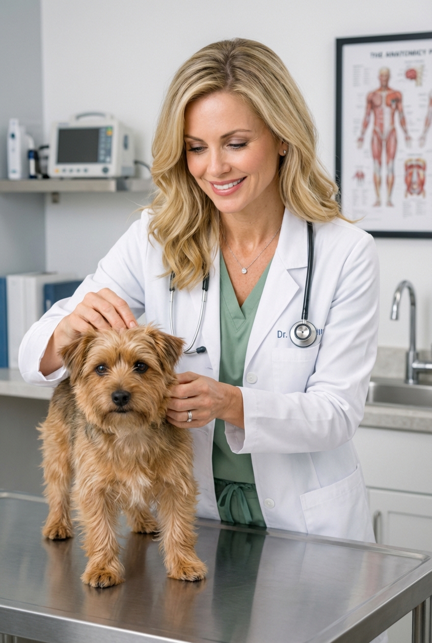 A veterinarian in a clinic gently examining a small dog on an exam table