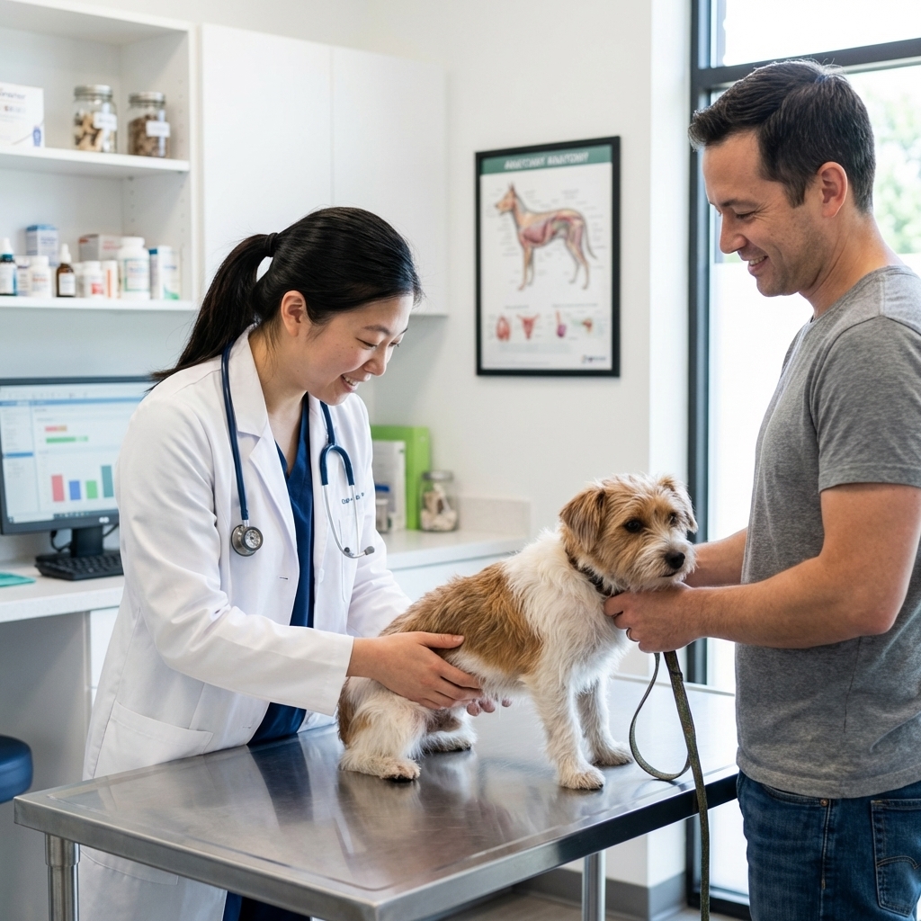 A veterinarian in a clinic gently examining a small dog on an exam table while the owner stands nearby, bright clean medical setting, photorealistic documentary style