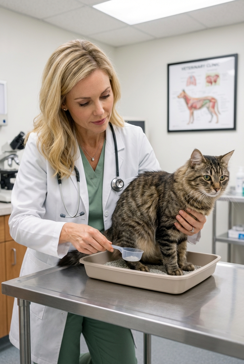A veterinarian in a clinic gently holding a cat while preparing to collect a urine sample