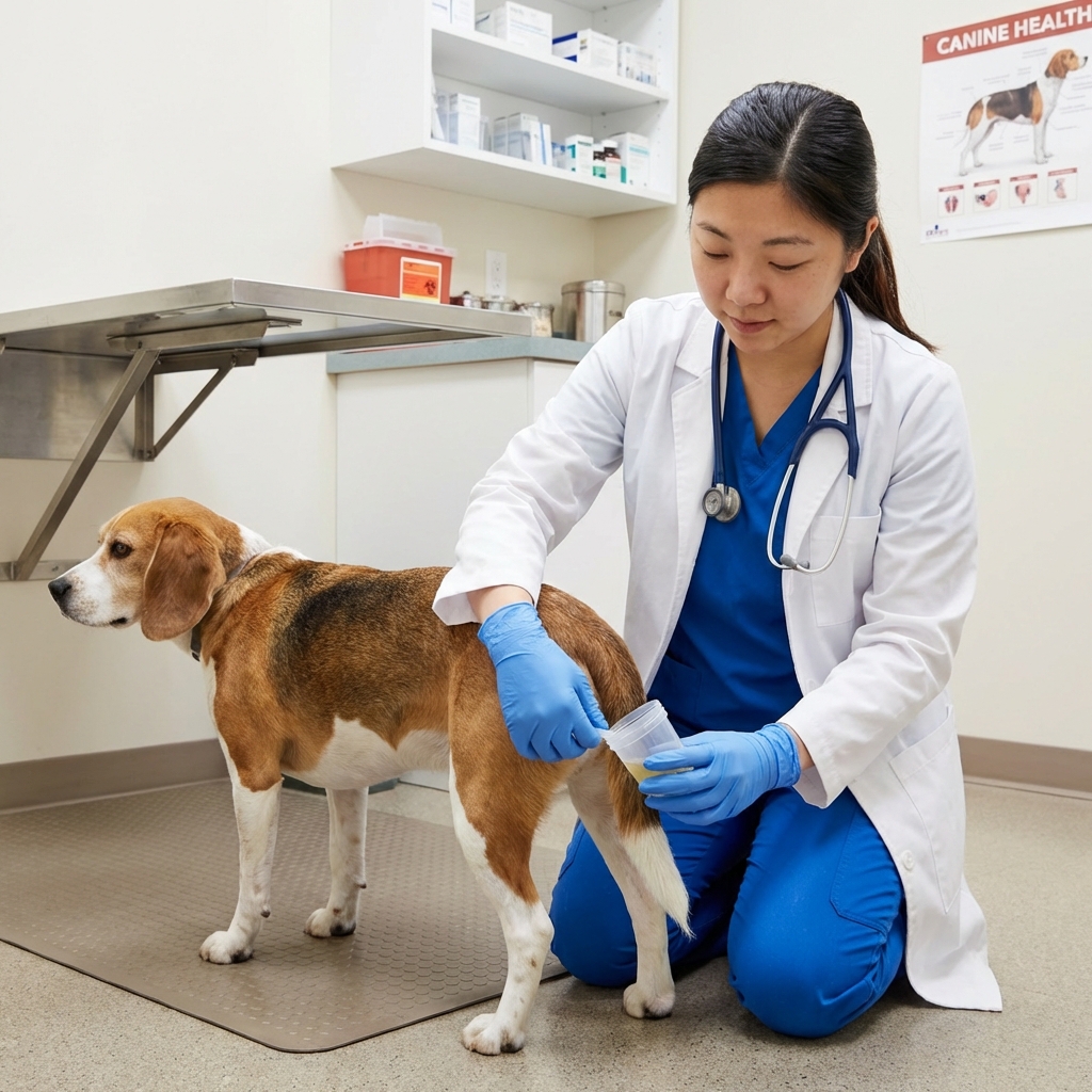A veterinarian in a clinic gently holding a dog while preparing to collect a urine sample with gloved hands