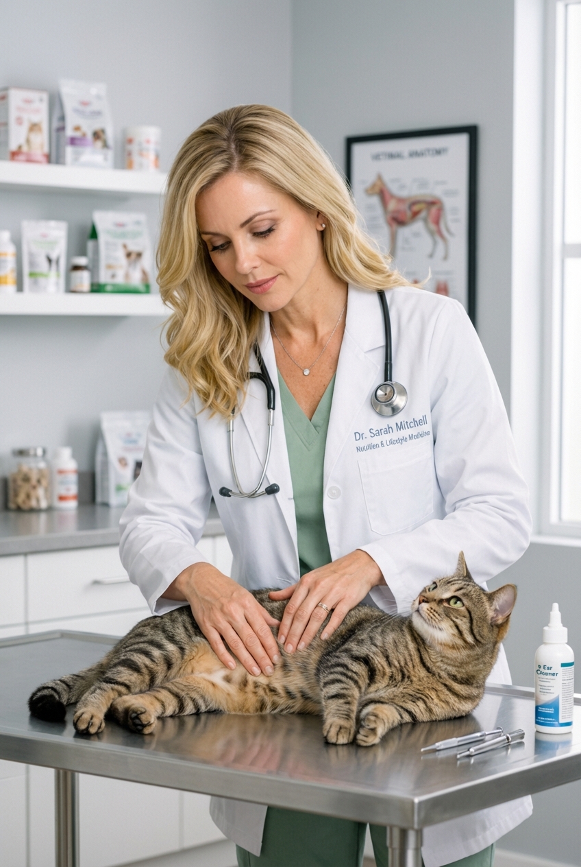 A veterinarian in a clinic gently palpating a cat’s abdomen on an exam table