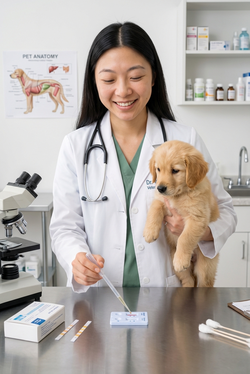 A veterinarian in a clinic holding a puppy while preparing a small in-house test