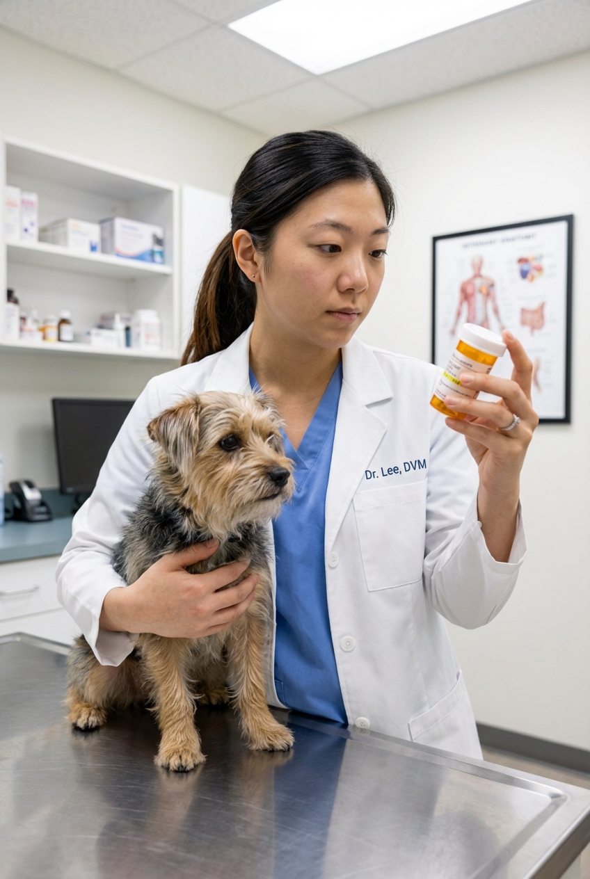A veterinarian in a clinic holding a small dog while reviewing a prescription bottle label