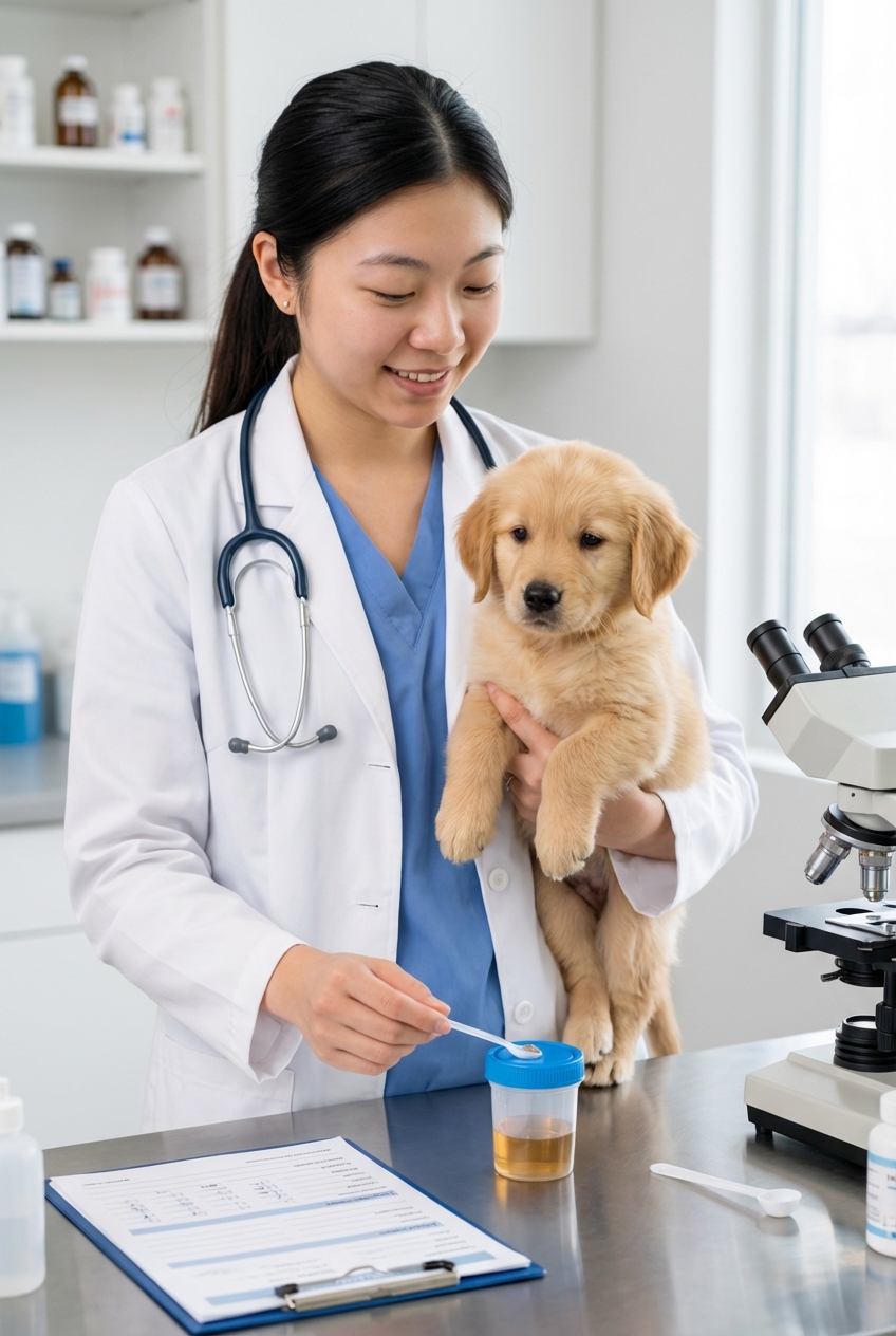 A veterinarian in a clinic holding a small puppy while preparing a stool sample container on a countertop