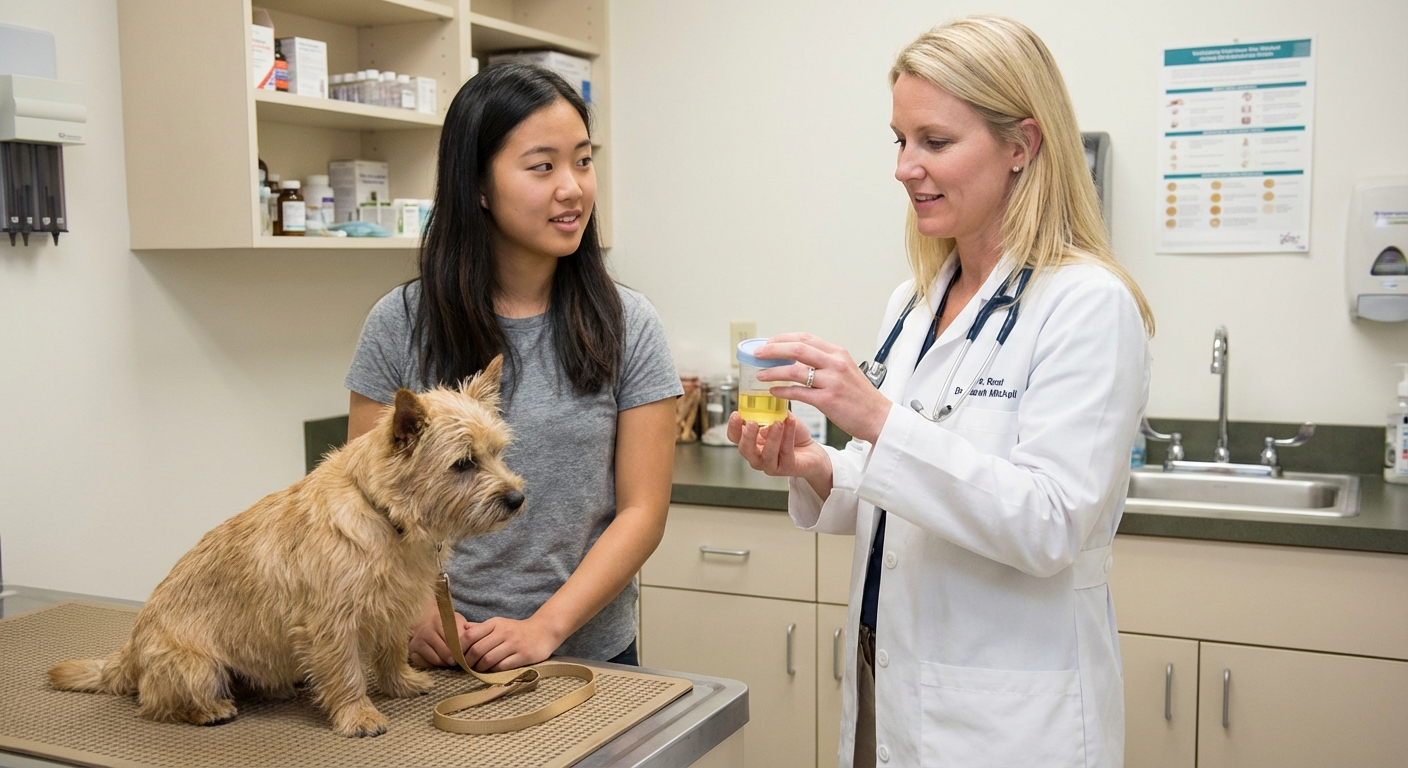 A veterinarian in a clinic holding a urine sample container while a dog sits calmly beside an owner