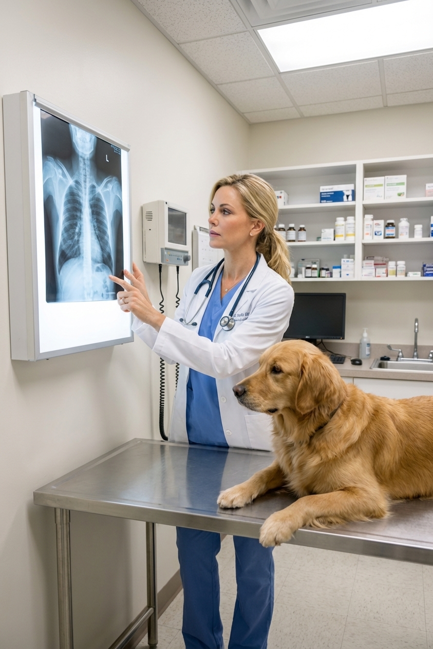 A veterinarian in a clinic reviewing a dog’s chest X-ray on a lighted screen while the dog rests on an exam table, realistic photo