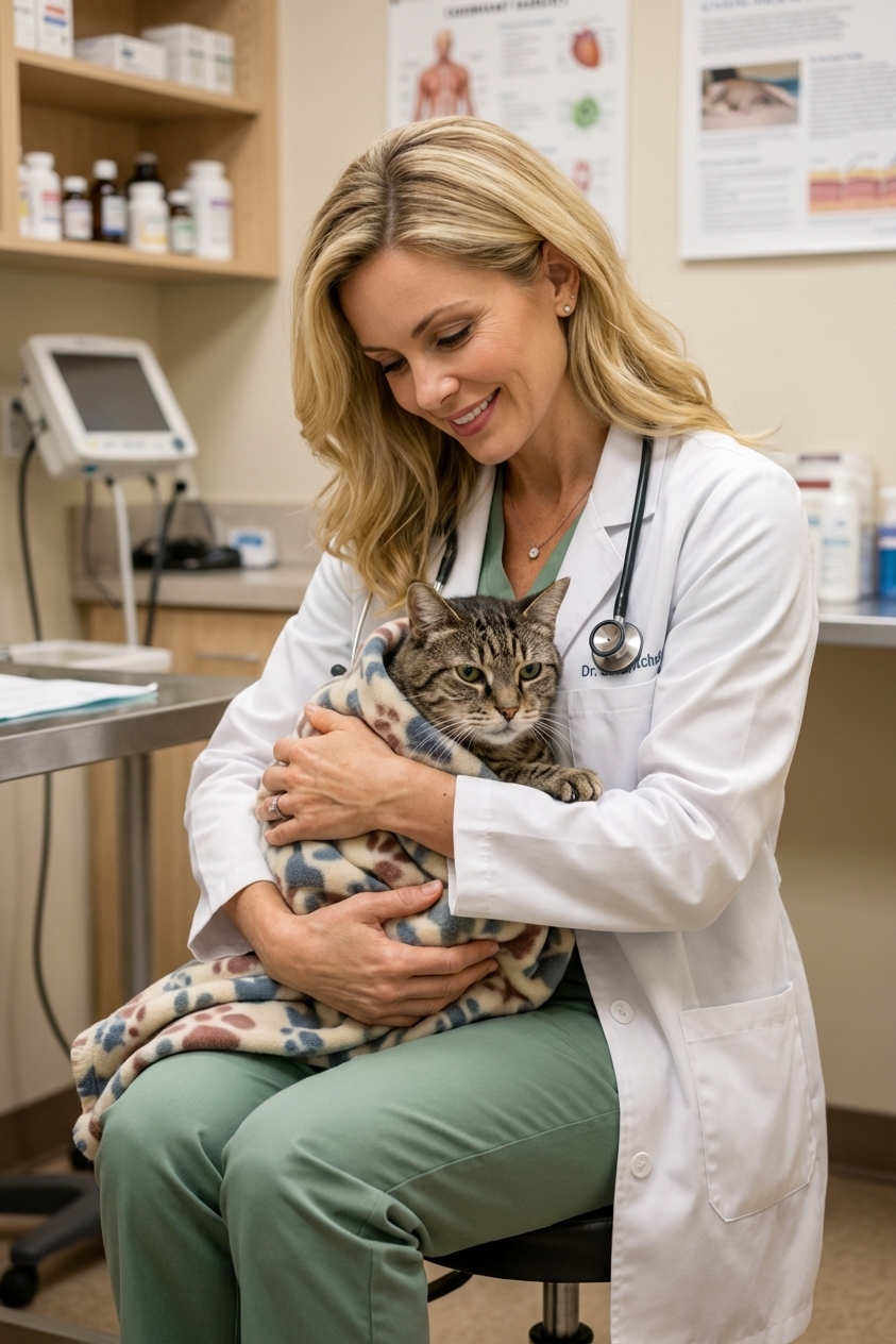 A veterinarian in a quiet exam room gently holding a calm elderly cat wrapped in a soft blanket, warm lighting, photorealistic documentary-style photography