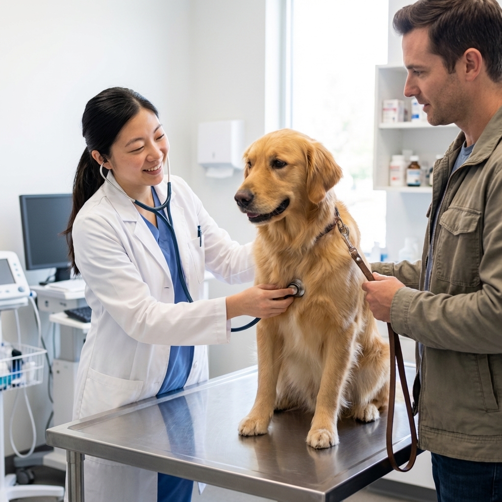 A veterinarian in a small animal clinic examining a dog on an exam table while an owner holds the leash, bright clean clinical setting, realistic photo