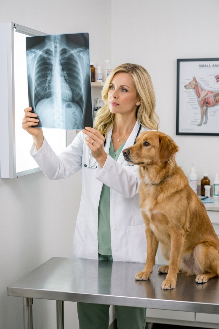 A veterinarian in a small animal clinic holding a canine chest X-ray up to a lightbox while a dog sits calmly beside the exam table, realistic photograph