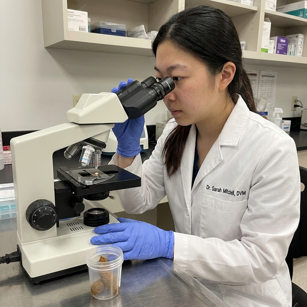 A veterinarian in gloves examining a dog stool sample using a microscope in a veterinary lab, real photo style