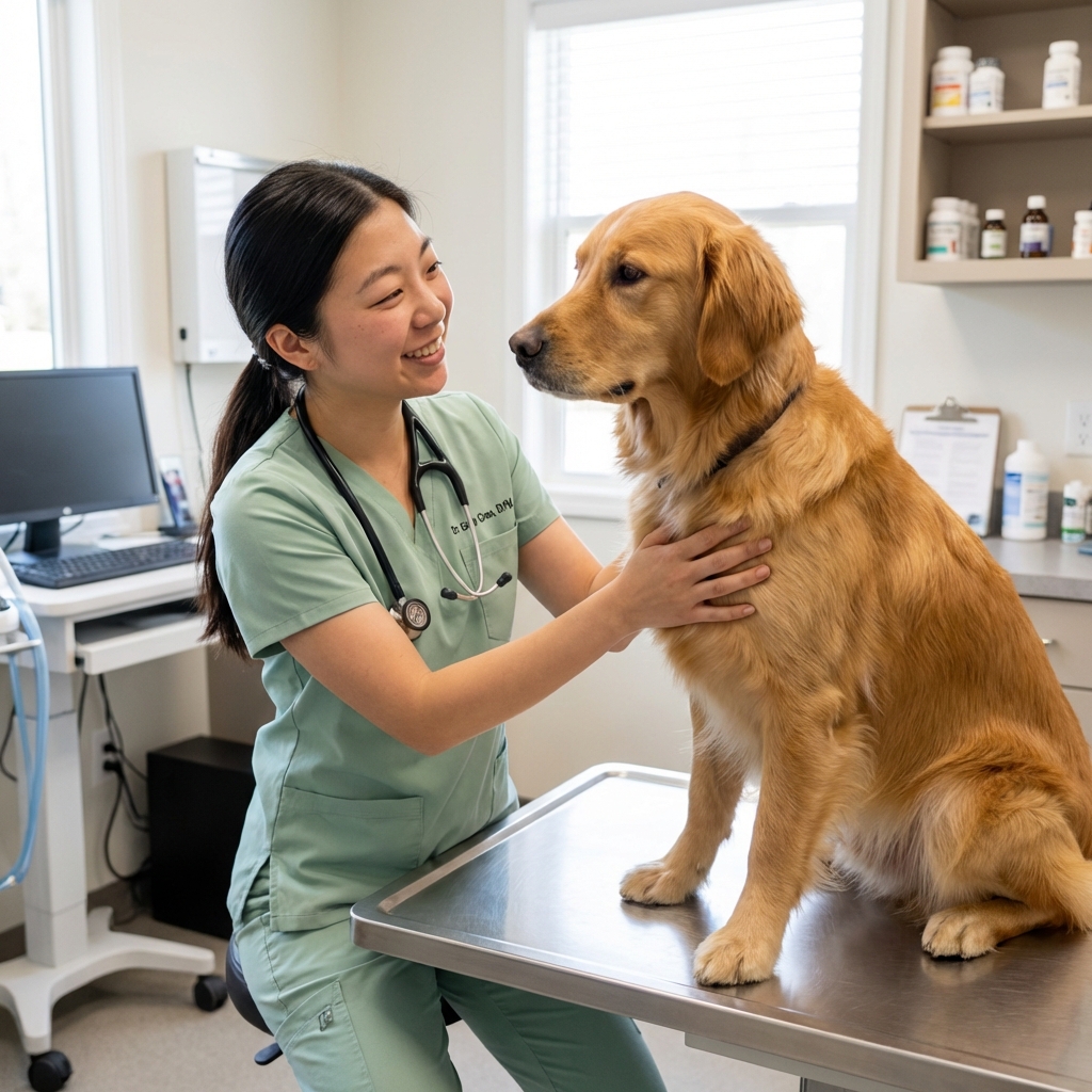 A veterinarian in scrubs gently examining a dog in a clinic exam room