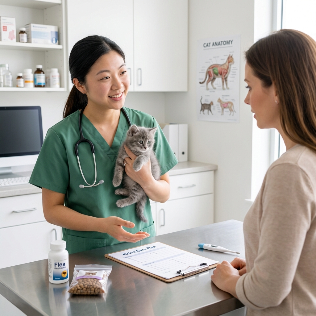 A veterinarian in scrubs holding a young gray kitten while discussing a care plan with a pet owner in a clinic exam room