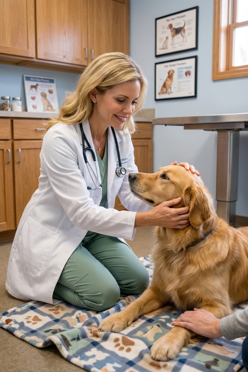 A veterinarian kneeling beside a dog on a soft blanket in a quiet exam room while gently petting the dog’s head, owner’s hand visible nearby, warm compassionate tone, photorealistic