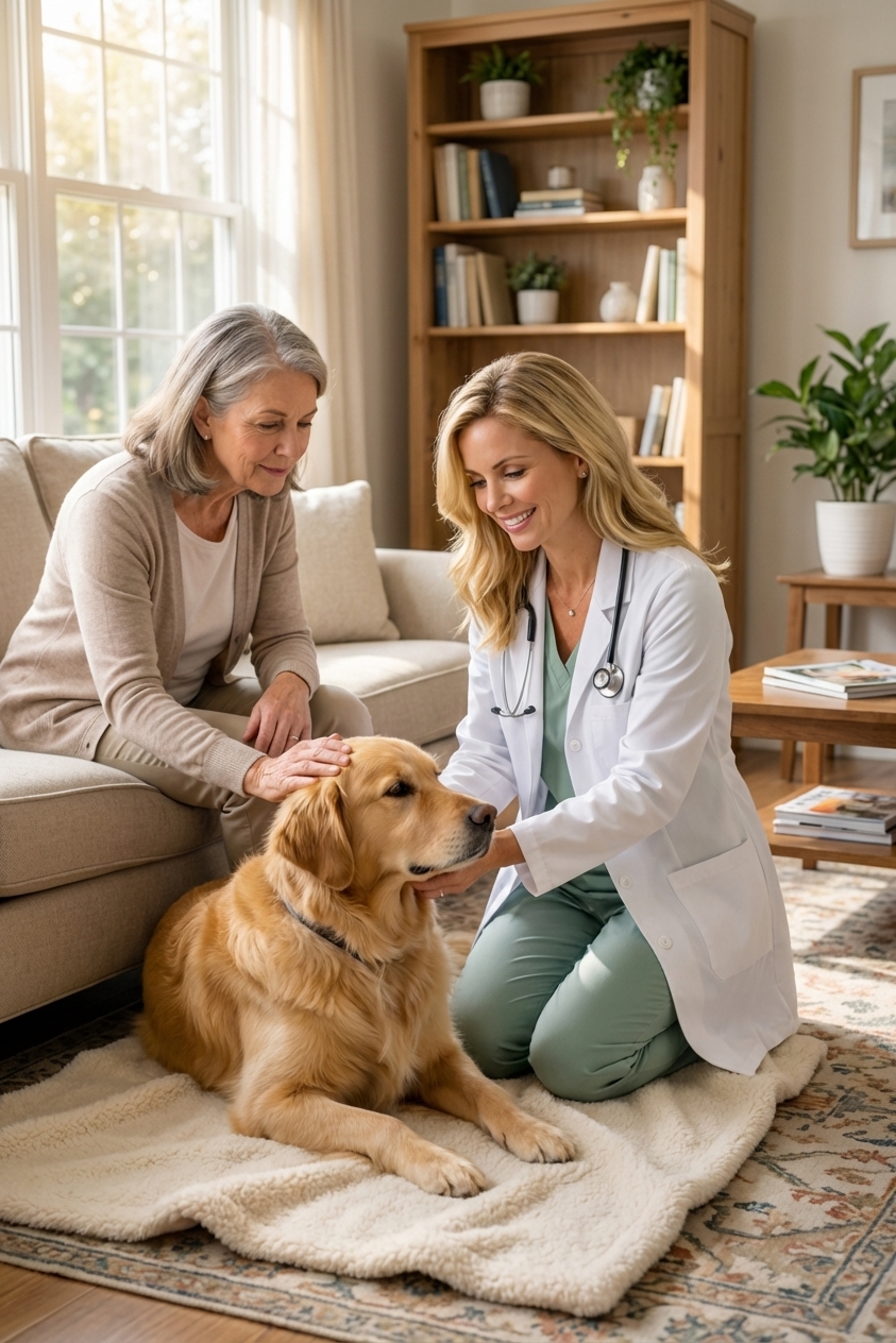 A veterinarian kneeling in a living room beside a dog resting on a blanket while an owner gently pets the dog, calm respectful atmosphere, photorealistic