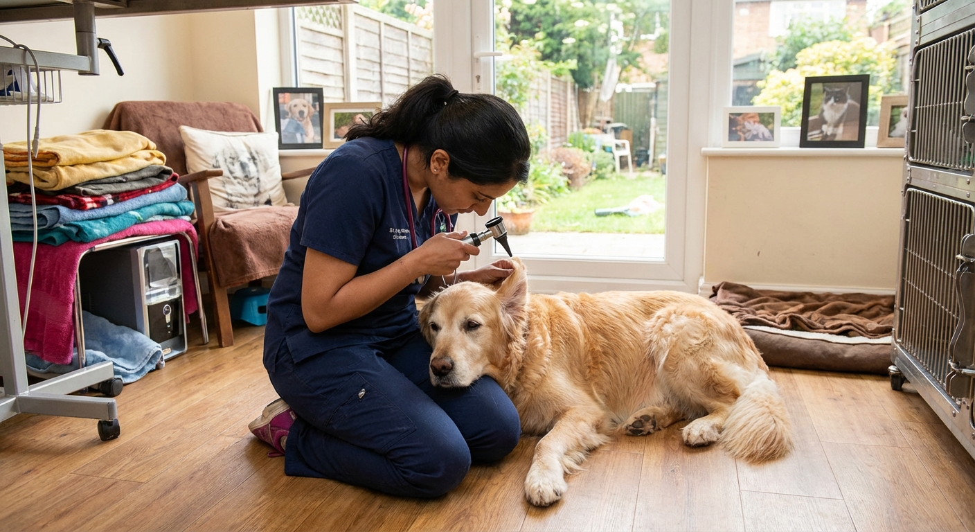 A veterinarian kneeling on the floor beside a calm dog during a gentle examination in a clinic room