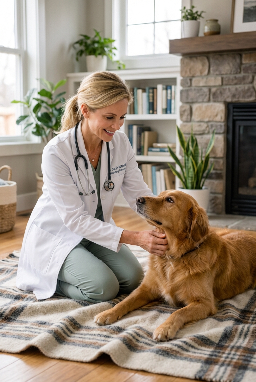 A veterinarian kneeling on the floor beside a dog on a soft blanket in a quiet home setting
