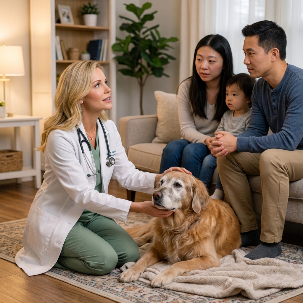 A veterinarian kneeling on the floor beside an elderly dog while speaking gently with the dog’s family in a living room