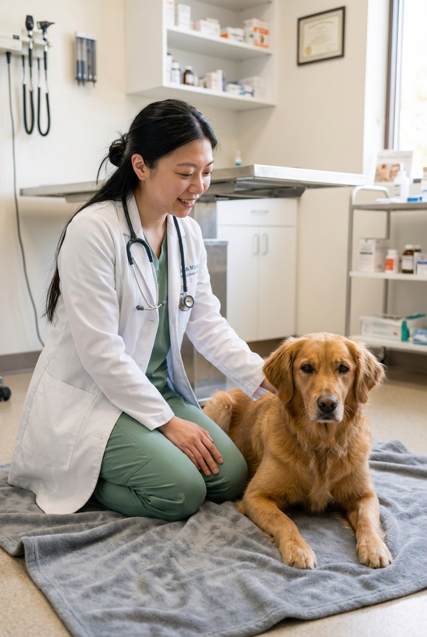 A veterinarian kneeling quietly beside a dog on a soft blanket in a clinic room