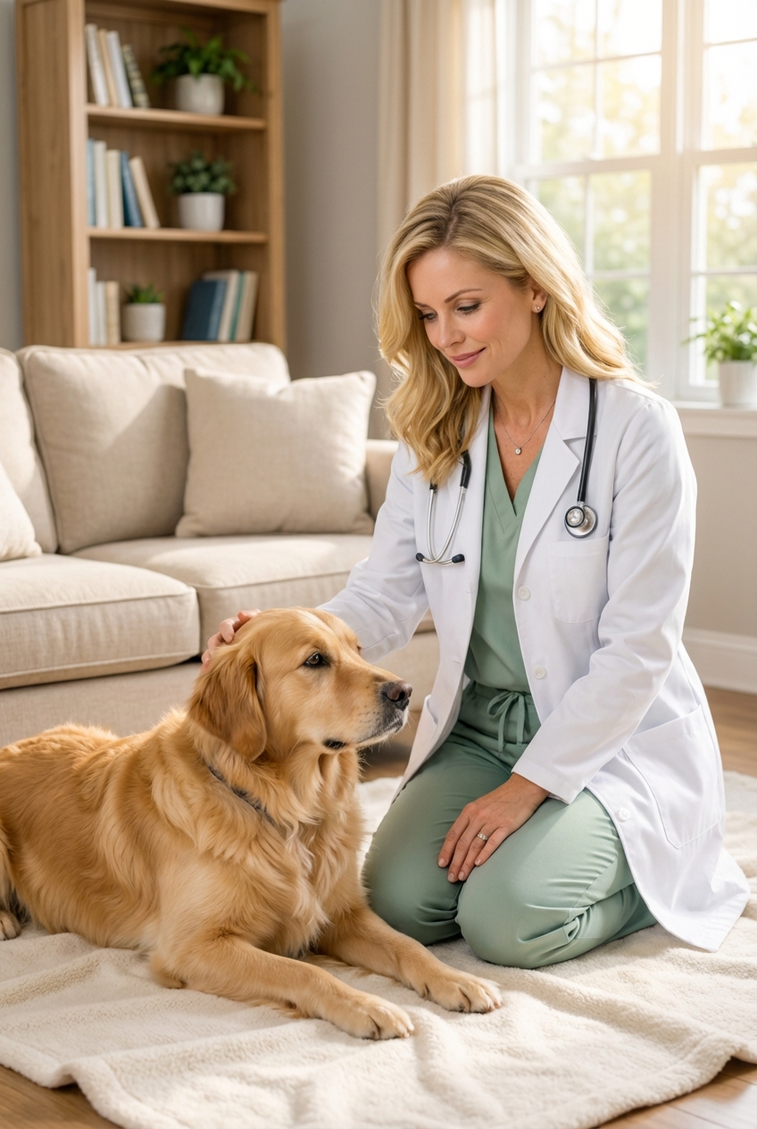 A veterinarian kneeling quietly beside a family’s dog on a blanket in a calm living room