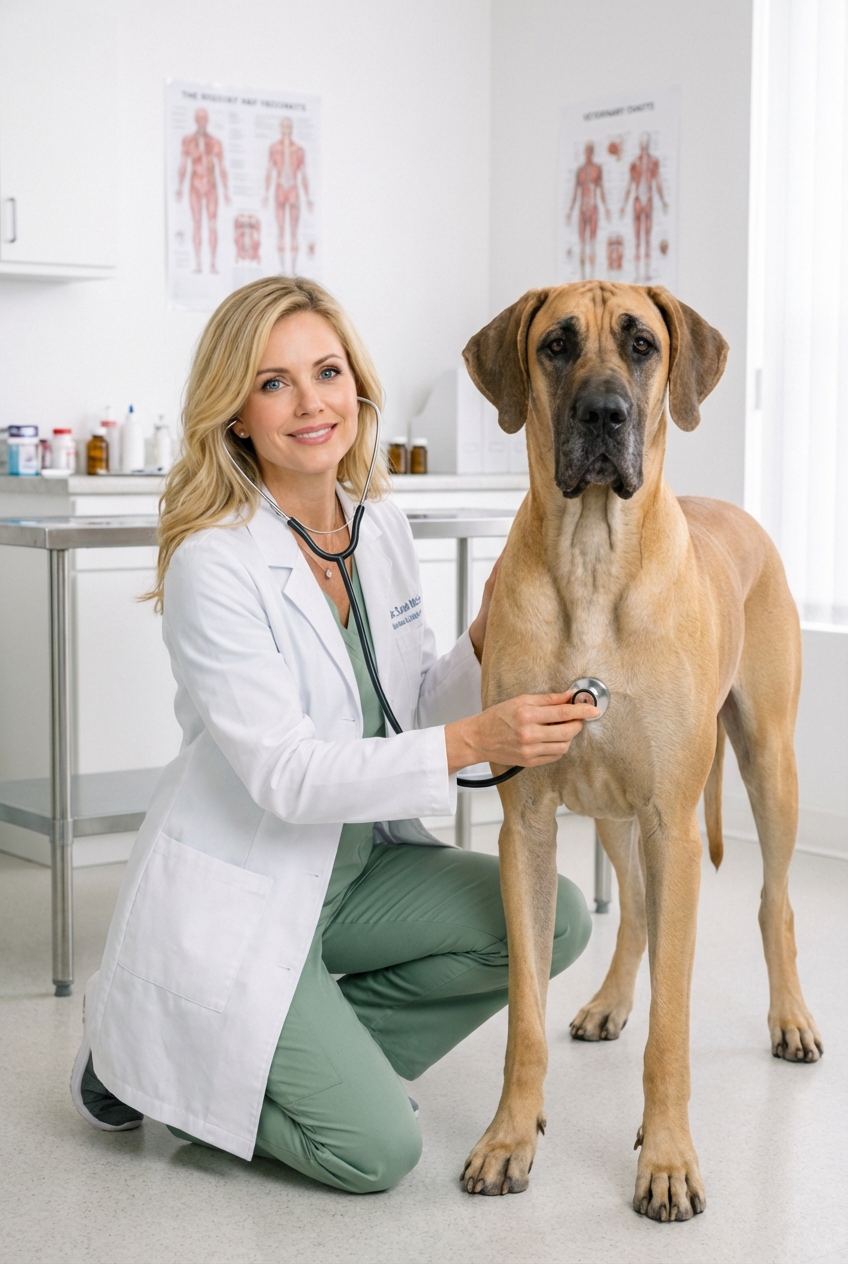 A veterinarian listening to a Great Dane’s chest with a stethoscope in a clean exam room