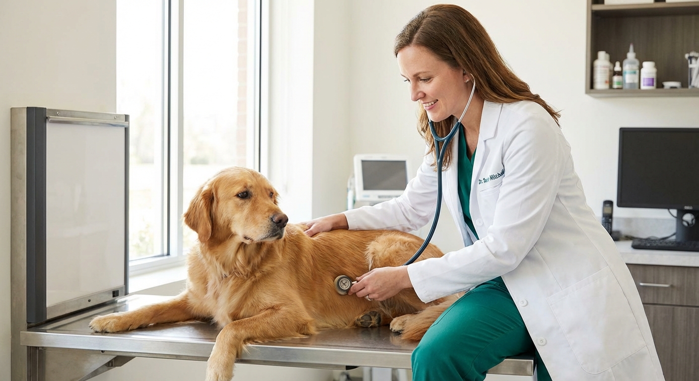 A veterinarian listening to a dog’s abdomen with a stethoscope in a bright exam room