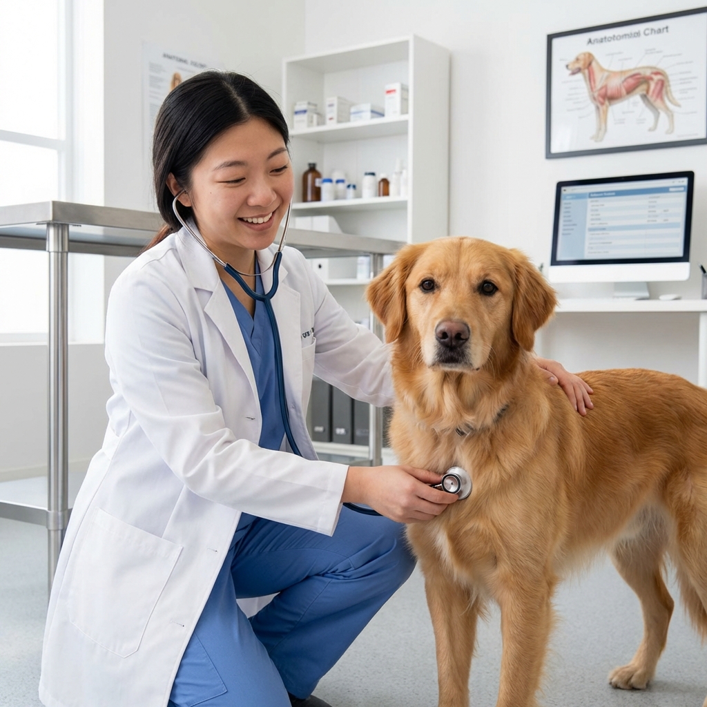 A veterinarian listening to a dog’s chest with a stethoscope in a clinic exam room