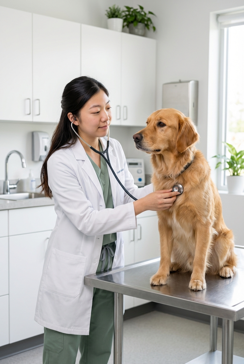 A veterinarian listening to a dog's chest with a stethoscope in a bright exam room