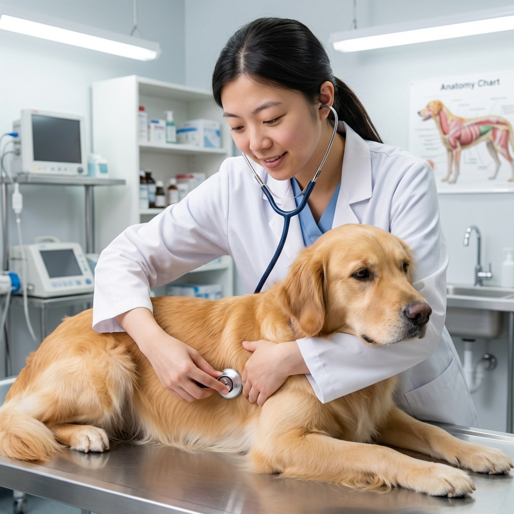 A veterinarian listening to a dog’s chest with a stethoscope during a clinic exam