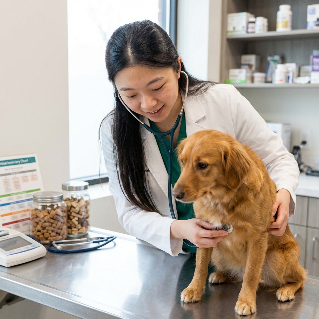 A veterinarian listening to a dog’s chest with a stethoscope in a clinic exam room