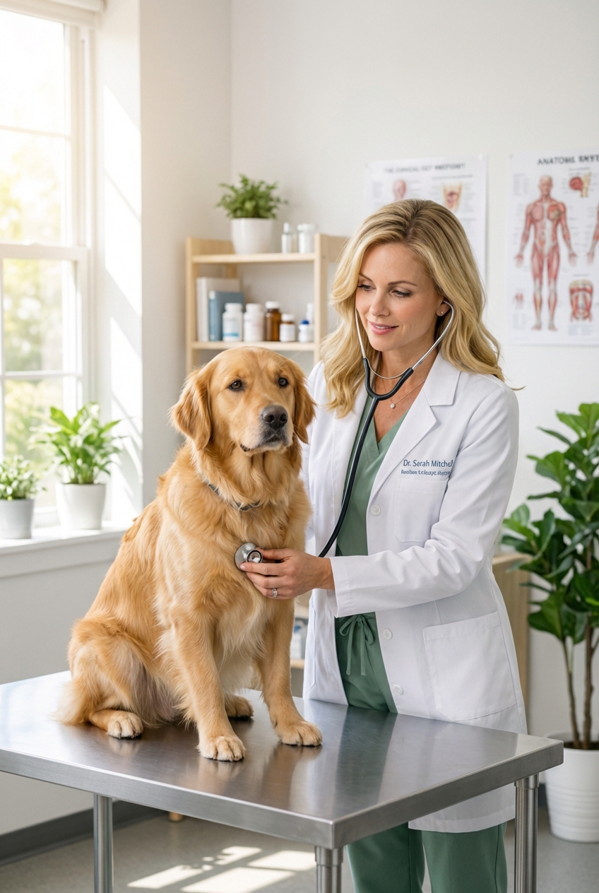 A veterinarian listening to a dog’s chest with a stethoscope in a bright exam room