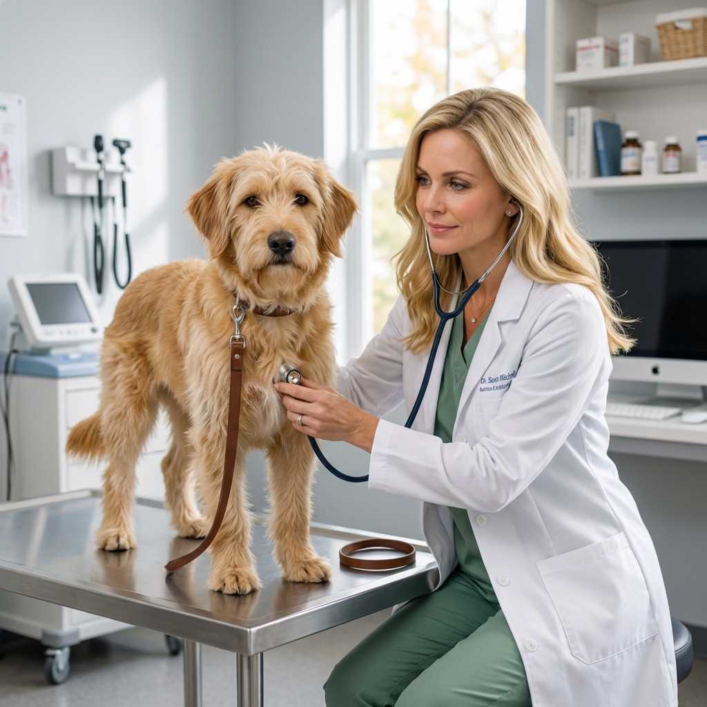 A veterinarian listening to a dog’s chest with a stethoscope in a clinic exam room