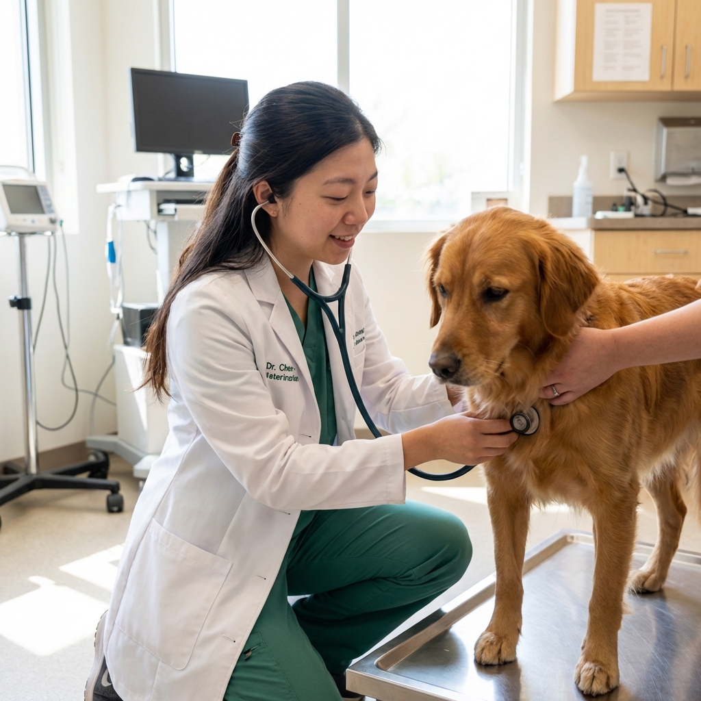 A veterinarian listening to a dog’s chest with a stethoscope in a bright exam room