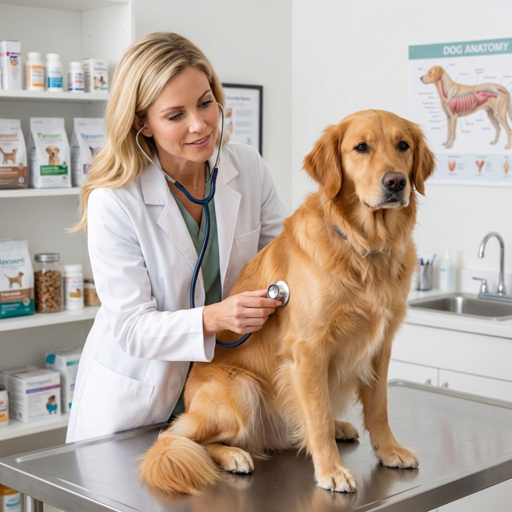 A veterinarian listening to a dog’s chest with a stethoscope in a clinic exam room