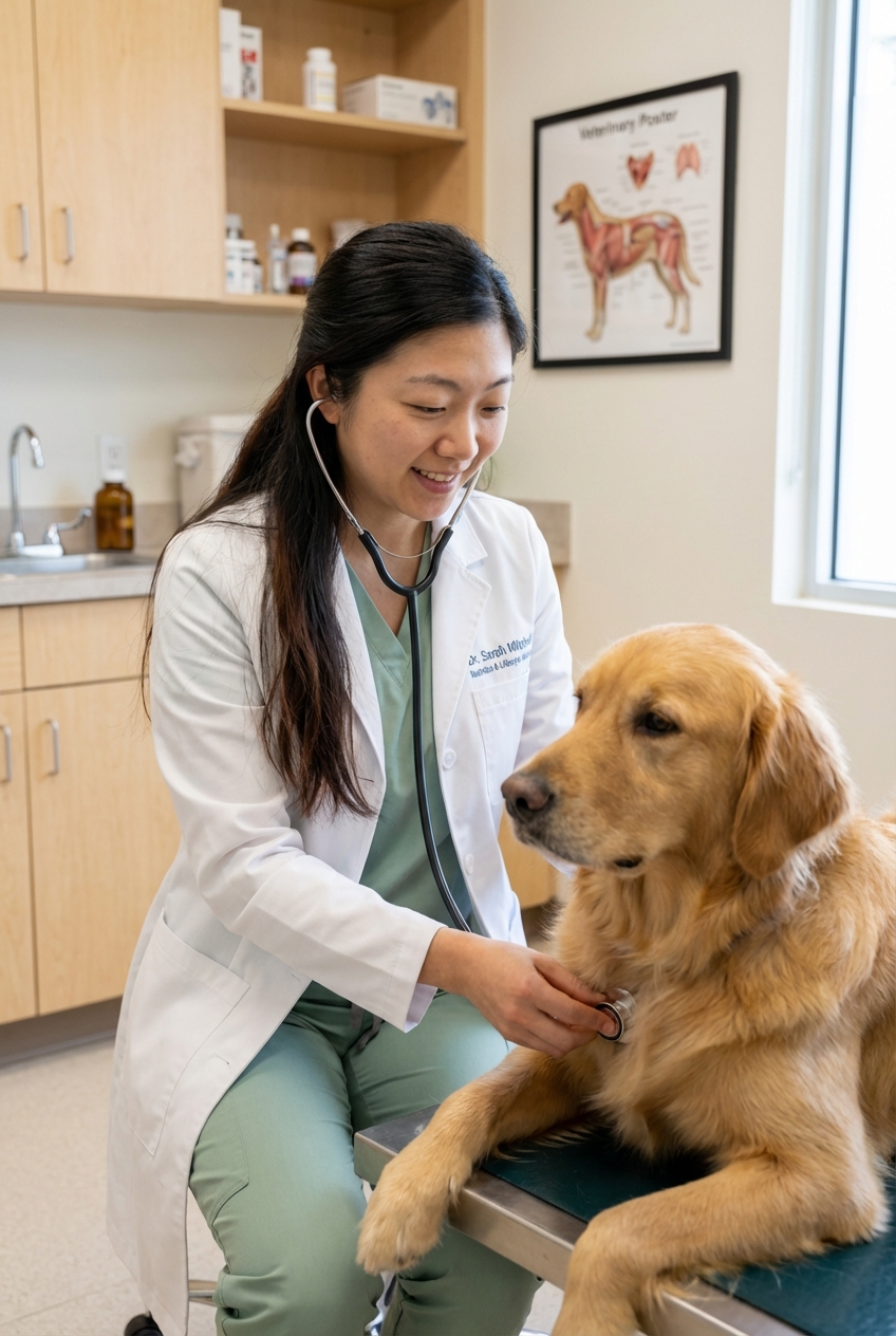 A veterinarian listening to a dog’s chest with a stethoscope in a clinic exam room
