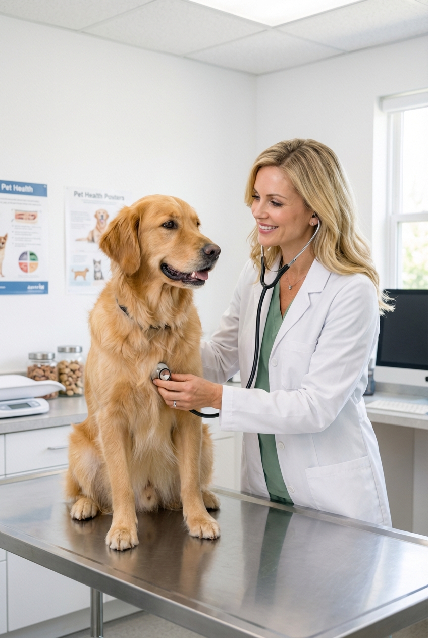 A veterinarian listening to a dog’s chest with a stethoscope in a bright exam room