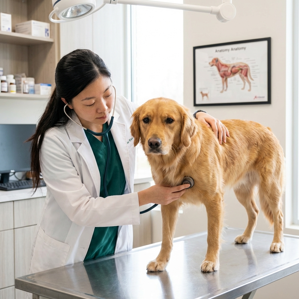A veterinarian listening to a dog’s chest with a stethoscope in a clinic exam room