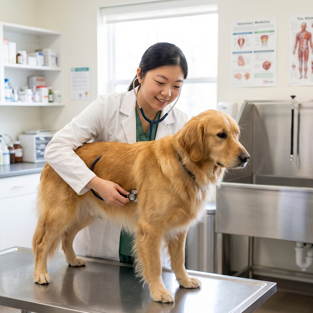 A veterinarian listening to a dog’s chest with a stethoscope in a bright exam room