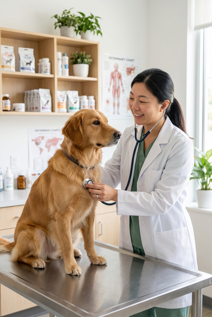A veterinarian listening to a dog's chest with a stethoscope in a bright exam room