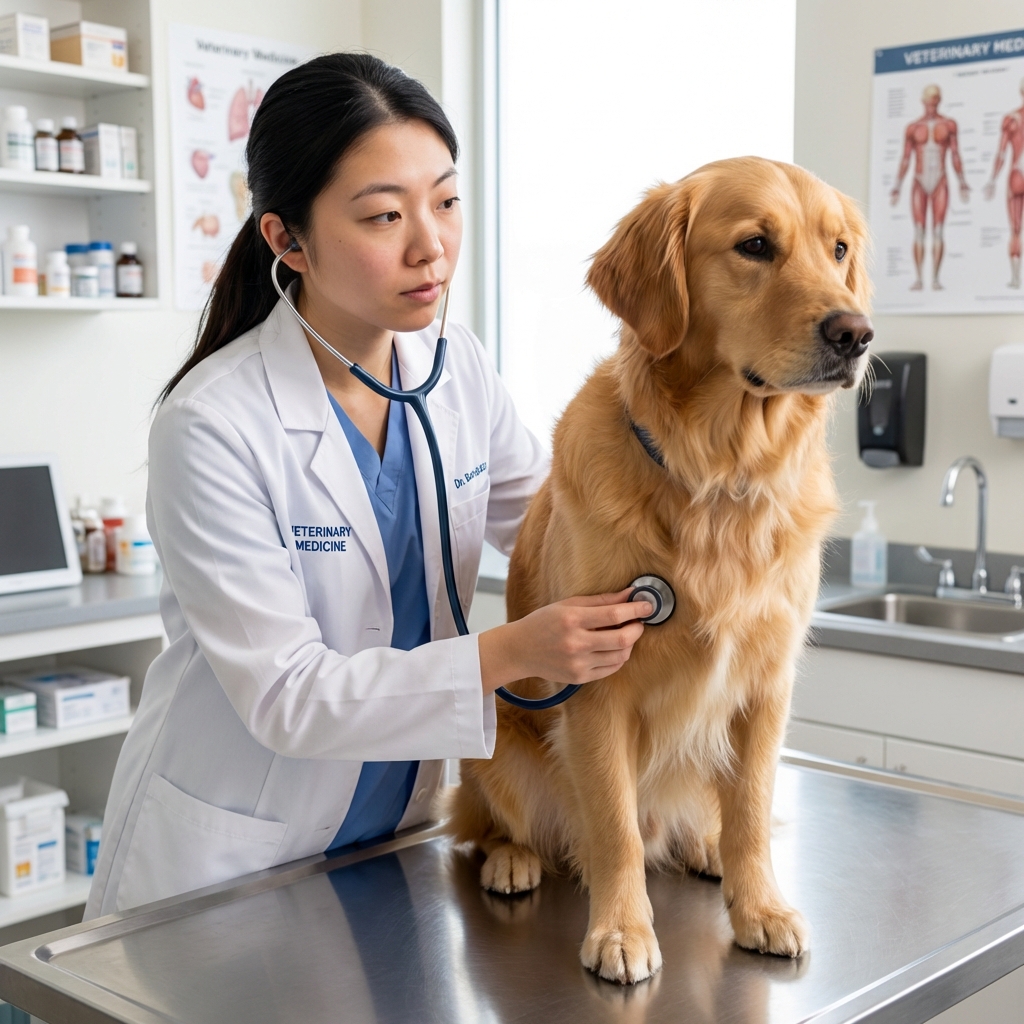 A veterinarian listening to a dog’s chest with a stethoscope in a bright exam room