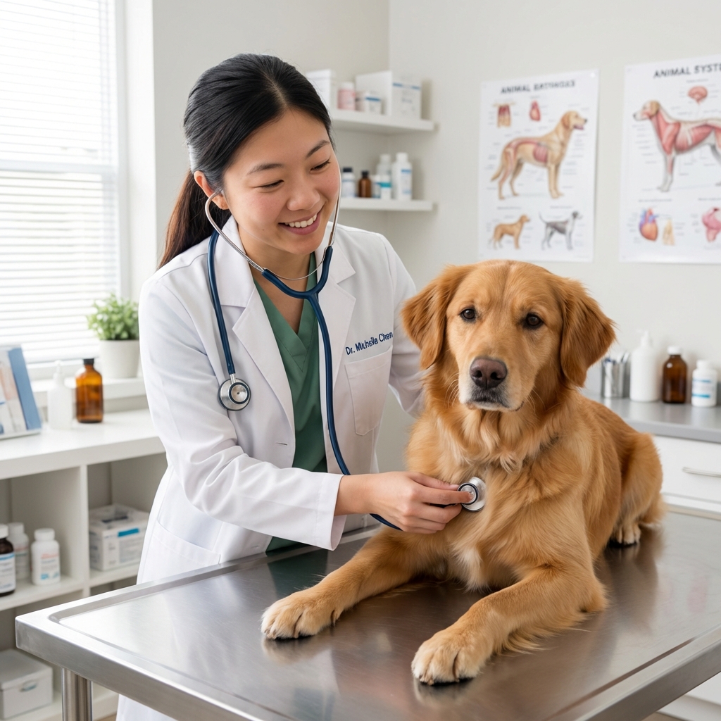 A veterinarian listening to a dog's chest with a stethoscope in a calm exam room