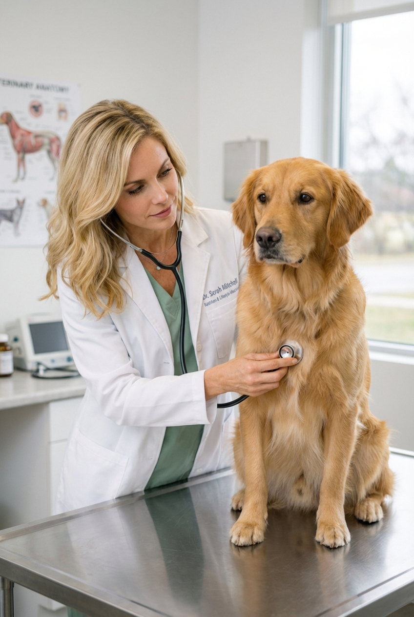 A veterinarian listening to a dog’s chest with a stethoscope in a clinic exam room
