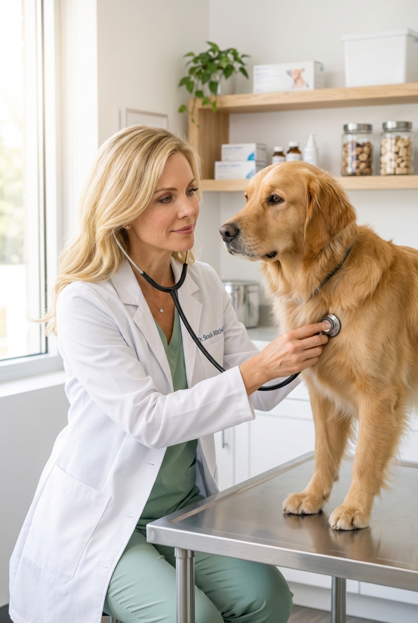 A veterinarian listening to a dog’s chest with a stethoscope in a bright exam room