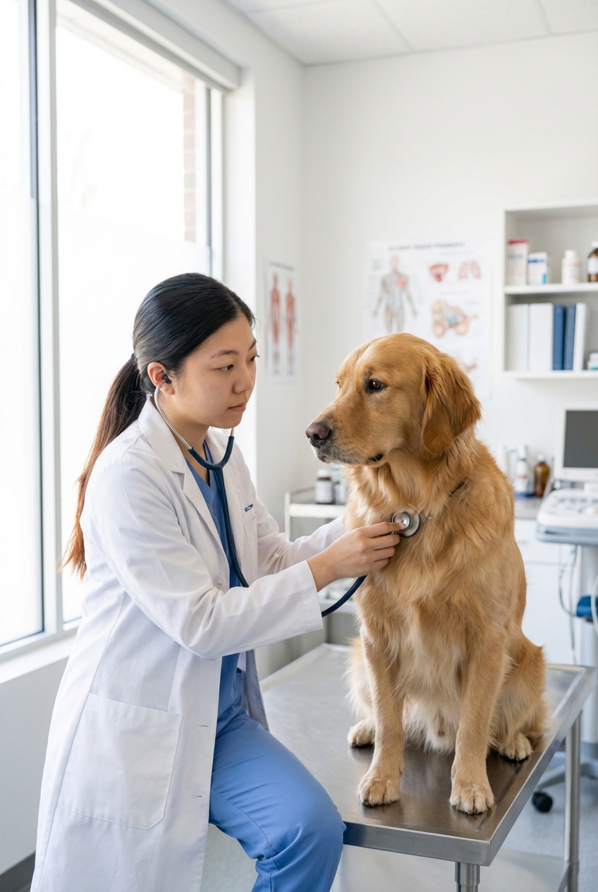 A veterinarian listening to a dog’s chest with a stethoscope in a bright exam room