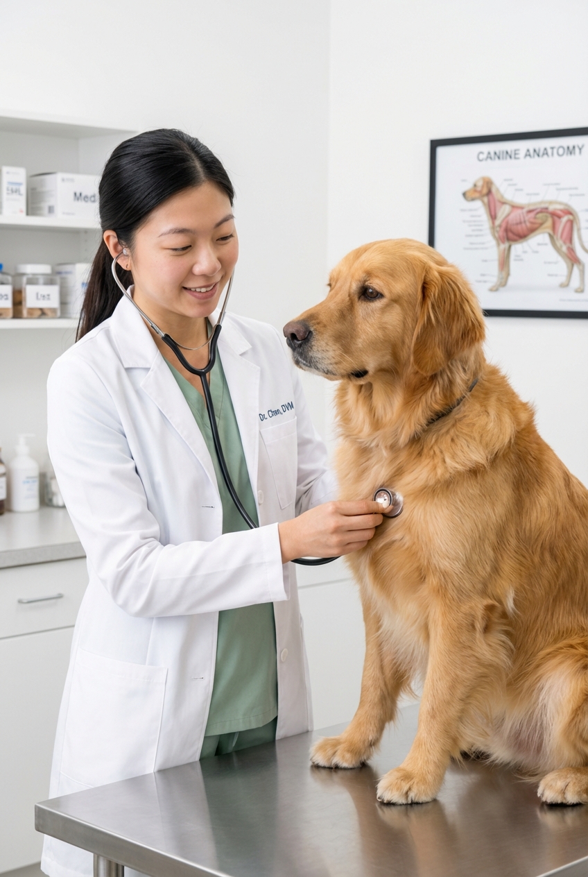 A veterinarian listening to a dog’s heart with a stethoscope in a clean exam room