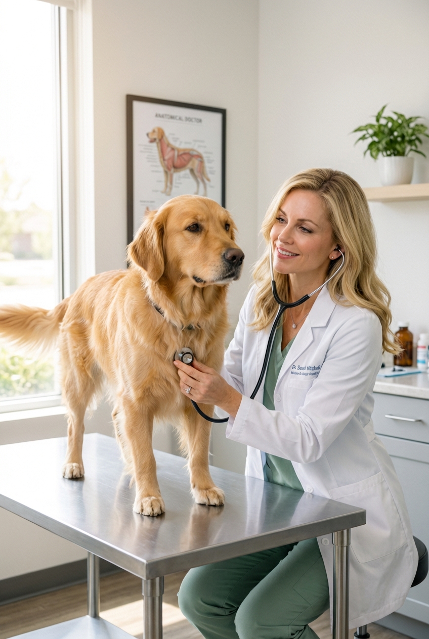 A veterinarian listening to a dog's heart with a stethoscope in a bright exam room